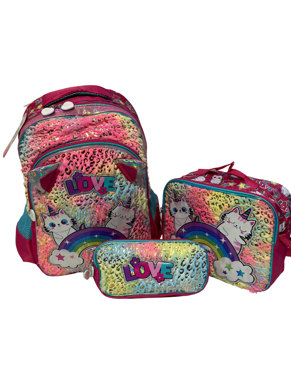 KIT 3 EN 1 MOCHILA PRIMARIA CON LUZ + LAPICERA + LONCHERA GATITO UNICORNIO