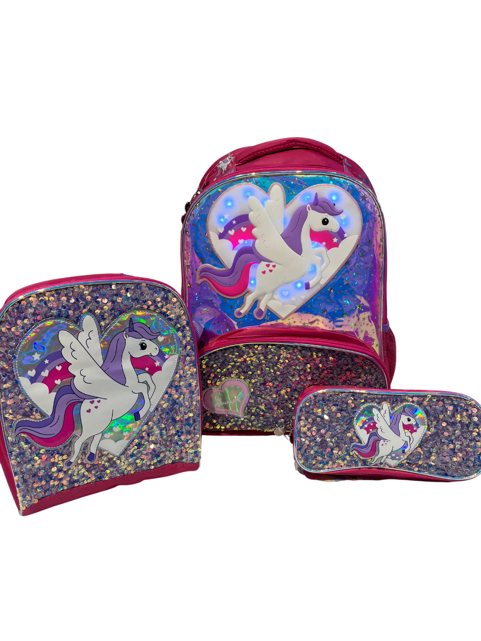 KIT 3 EN 1  MOCHILA PRIMARIA CON LUZ UNICORNIO GARCO
