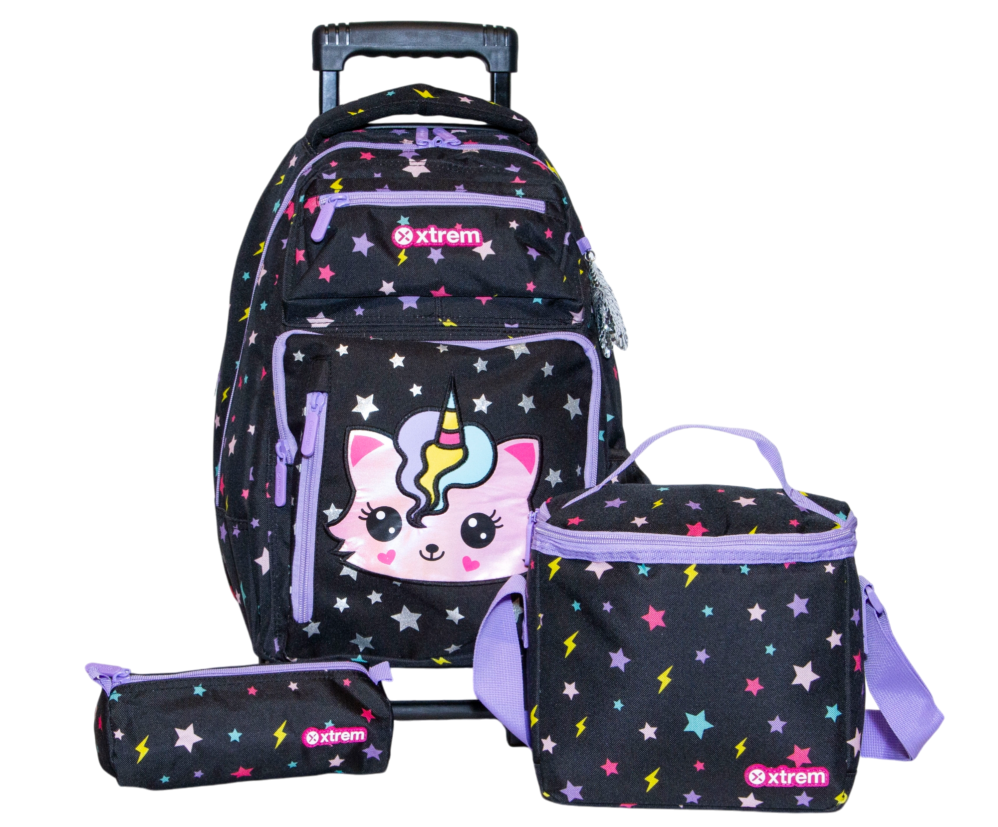 KIT PRIMARIA XTREM MOCHILA CON LLANTITAS, LONCHERA Y LAPICERA KITTY AND STARS